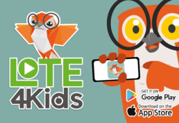 LOTE4Kids logo with owl pointing to a smartphone