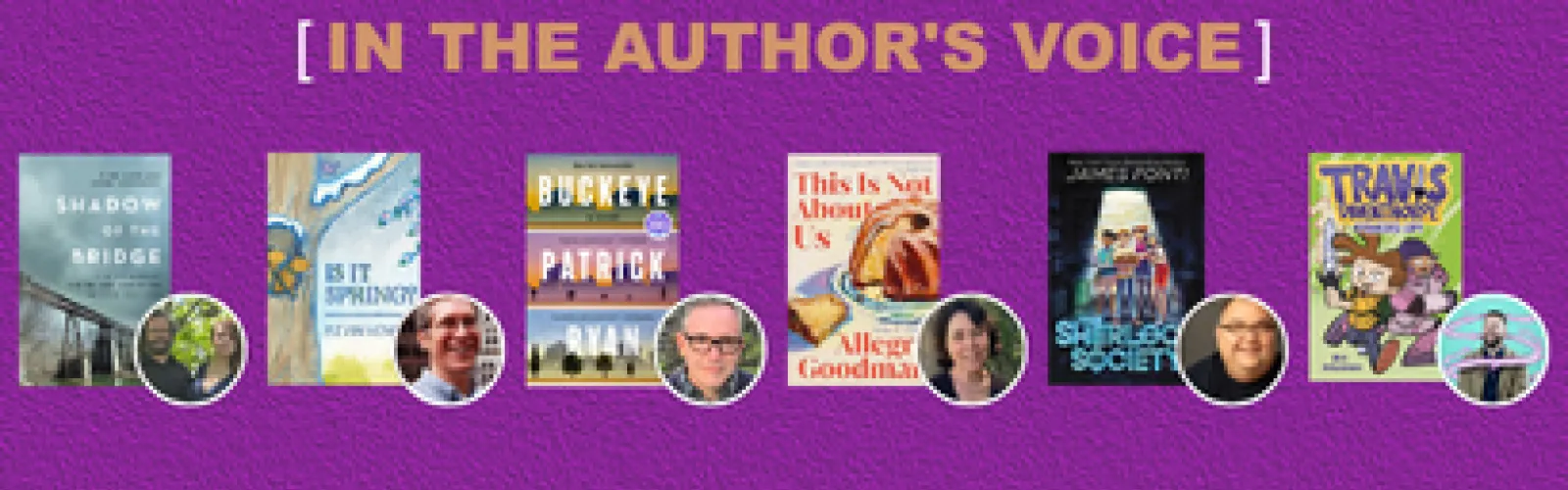 purple background with book covers and author photos